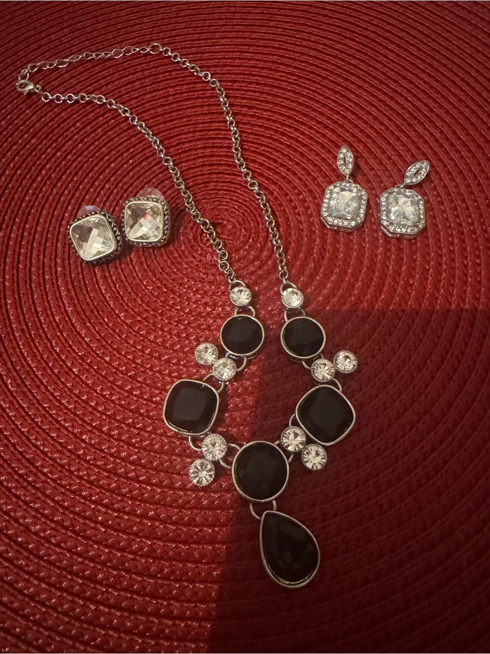 Silver-Tone Black Stone Necklace with Clear Crystal Accents - Women Jewelry